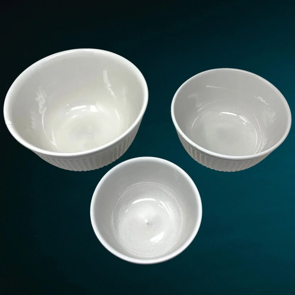 Williams Sonoma White Ribbed Mixing Nesting Bowl Set 3 Farmhouse Kitchen Ceramic